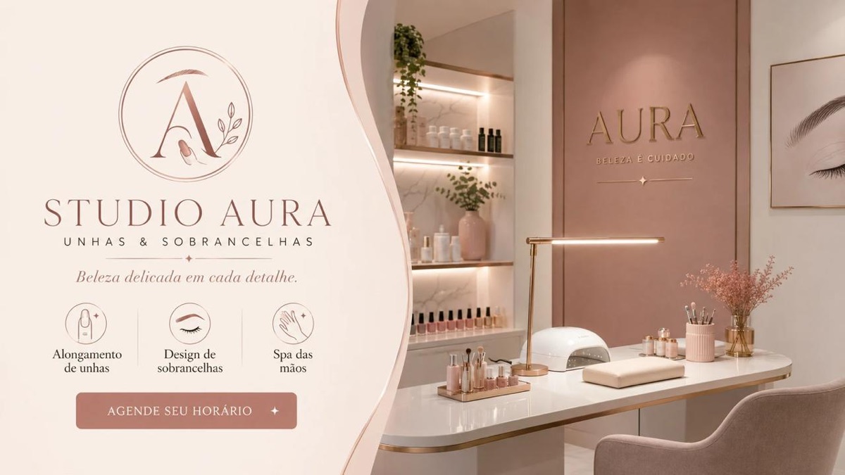Topo do site do Studio Aura no modelo Essencial: unhas e sobrancelhas, branco frio, tipografia leve e cantos arredondados