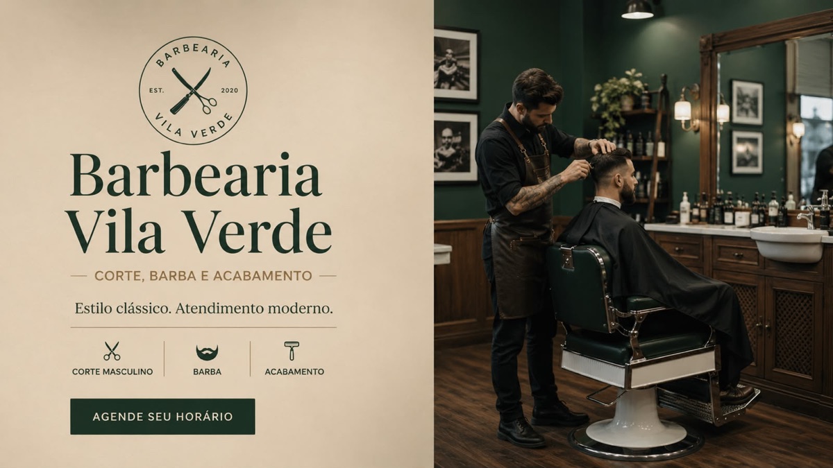 Topo do site da Barbearia Vila Verde no modelo Impacto: corte, barba e acabamento, fundo preto, nome em caixa alta e cantos retos